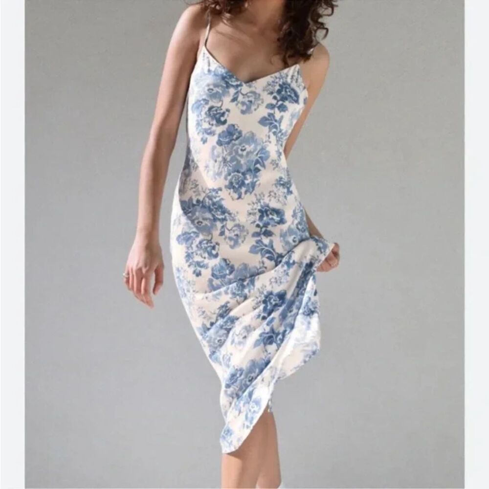 Reformation Chianti Floral Print Crepe Midi Dress - Blue/Ivory M - Picture 1 of 10